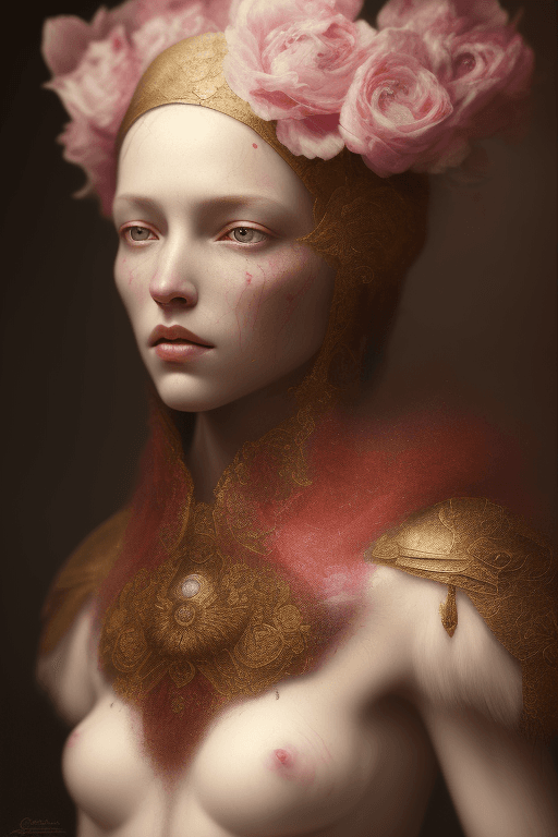 AI generated: digital oil painting of bleeding meat veil on the silk of seas and arctic flowers, rembrandt style, ...