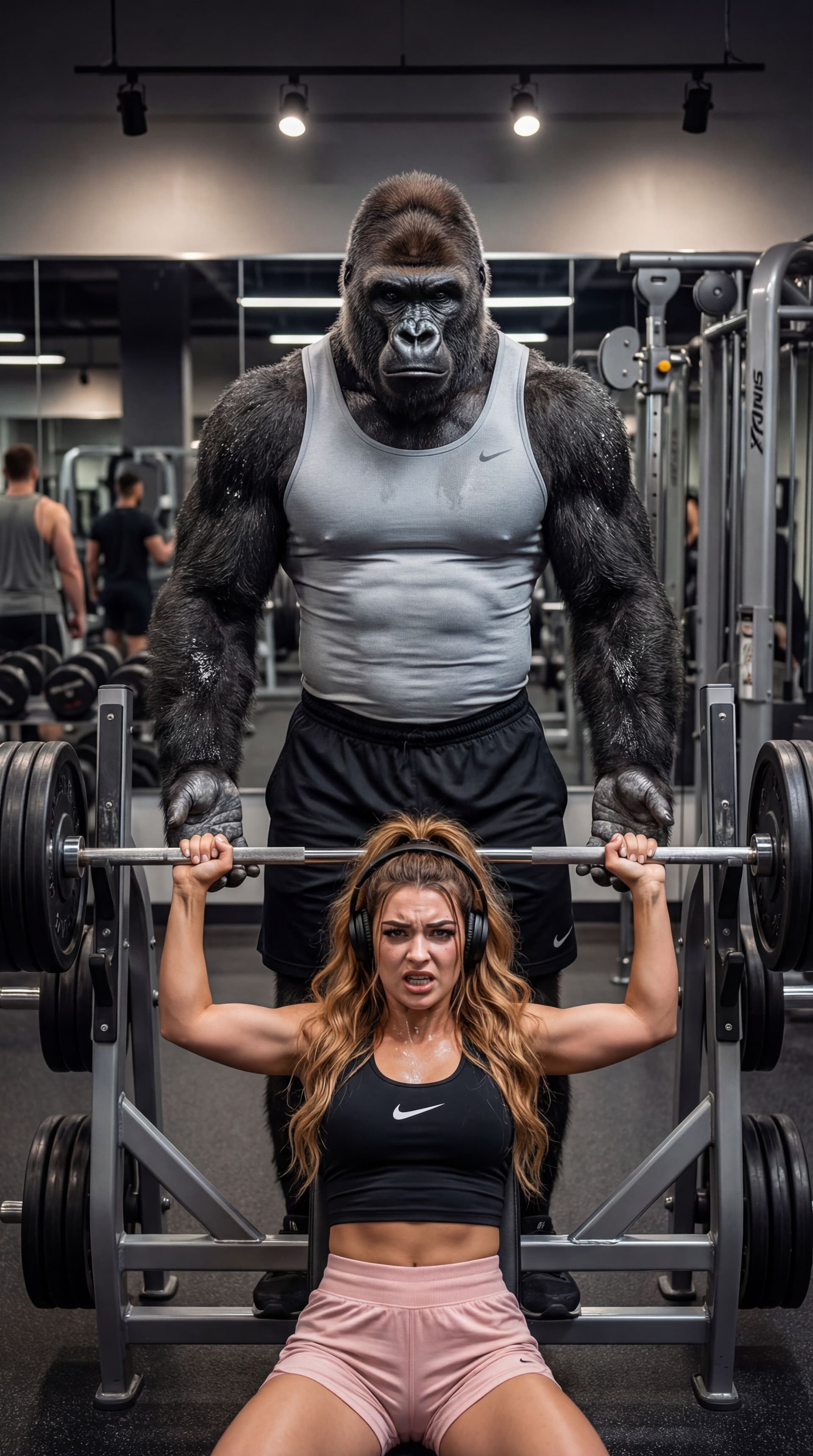 AI generated: A hyper-realistic, cinematic shot inside a modern commercial gym featuring a massive, muscular goril...