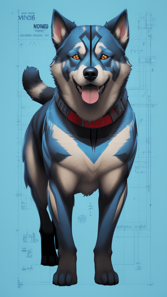 AI generated: Alpha Dog Norwegian Buhund, by Ultimate Marvel Art, digital blueprints sketch with multicolored note...
