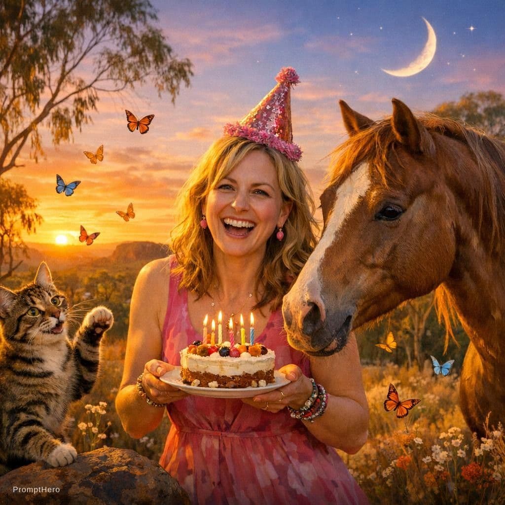 AI generated: A vibrant and joyful scene for a woman celebrating her birthday. The scene is set in the Australian ...