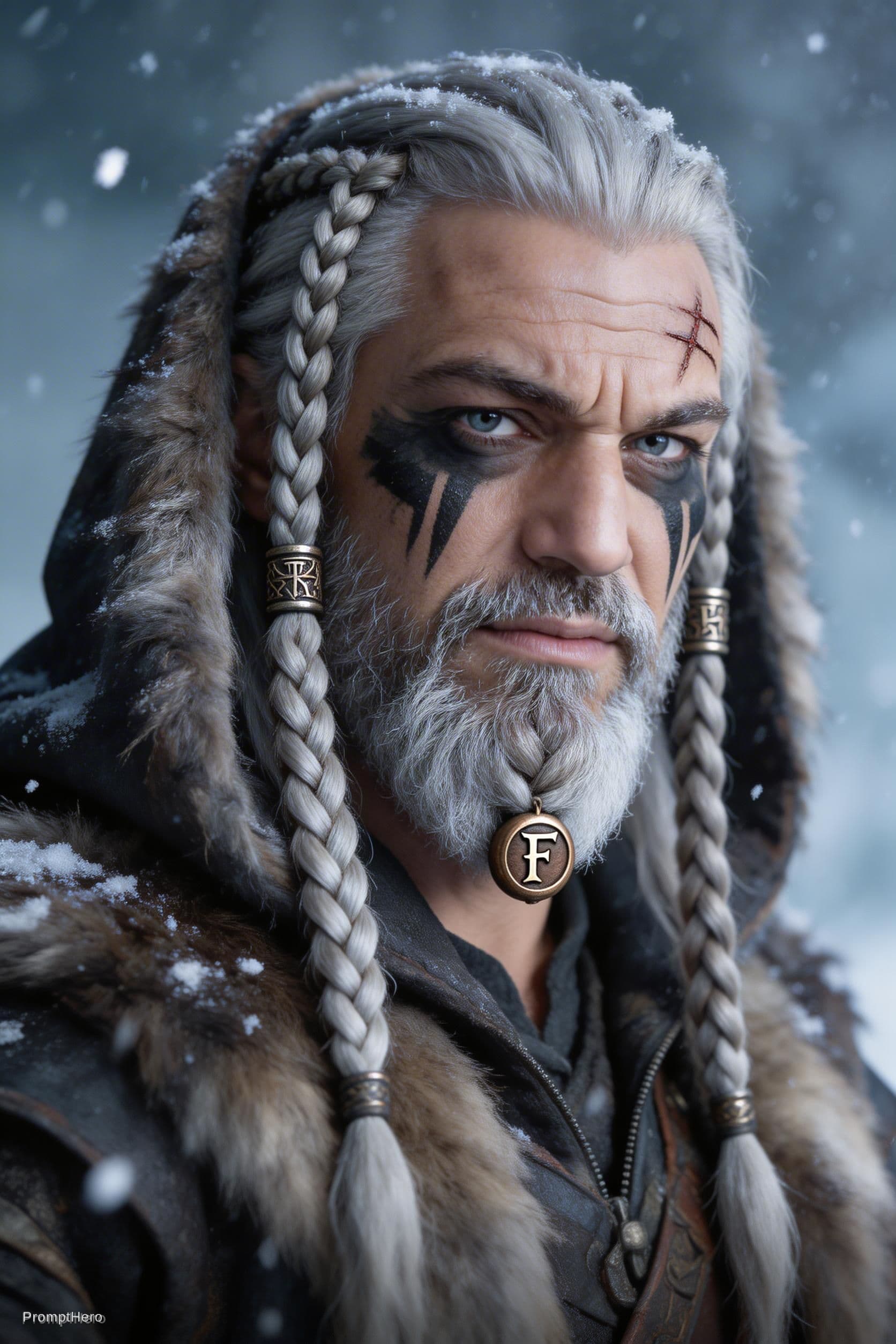AI generated: {
  "subject_and_concept": {
    "exact_subject": "Close-up portrait of an aging, weathered Viking w...