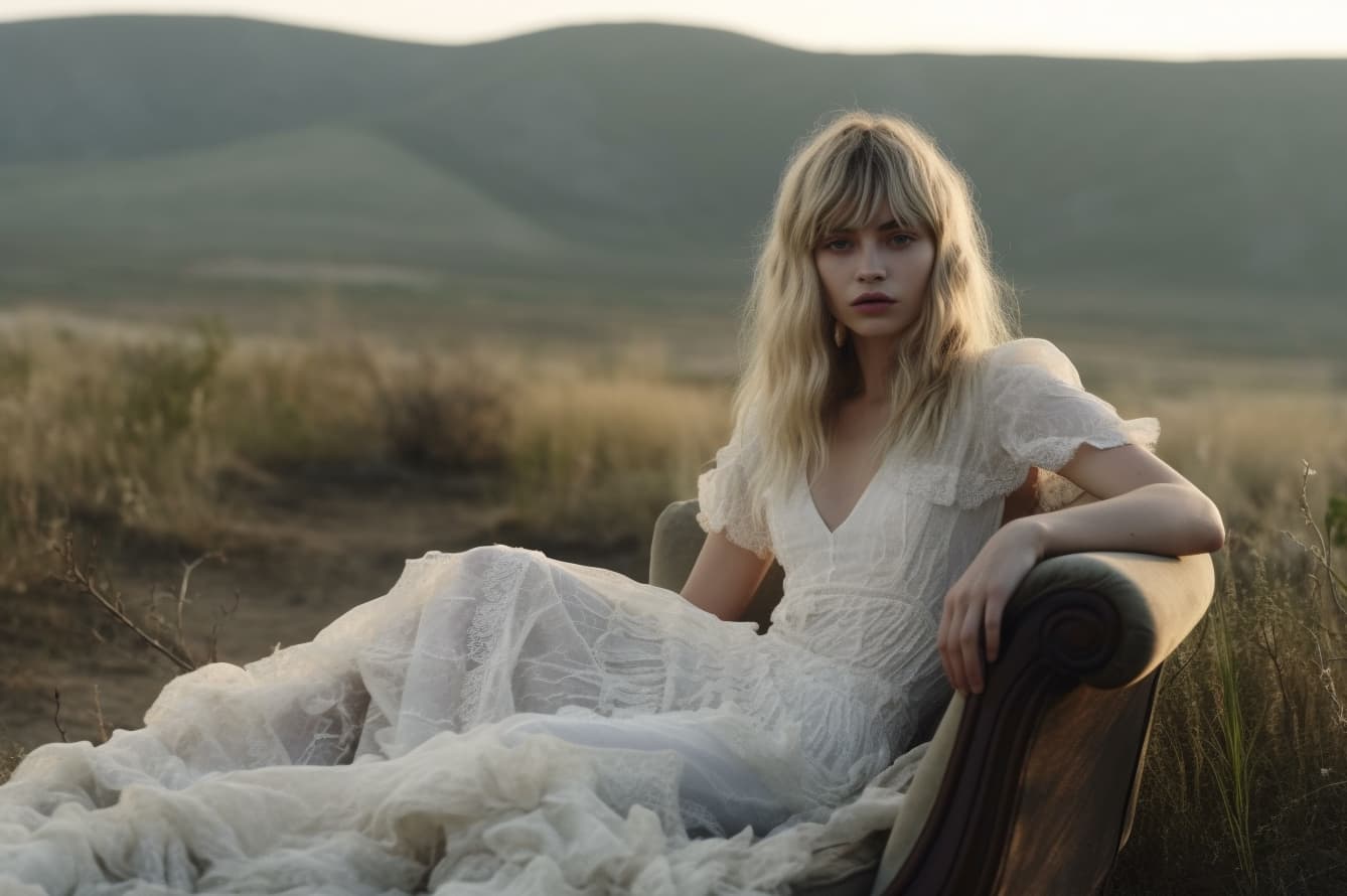 AI generated: a woman sitting on top of a couch in a field, skinny girl in white boho dress, lalisa manobal, allur...