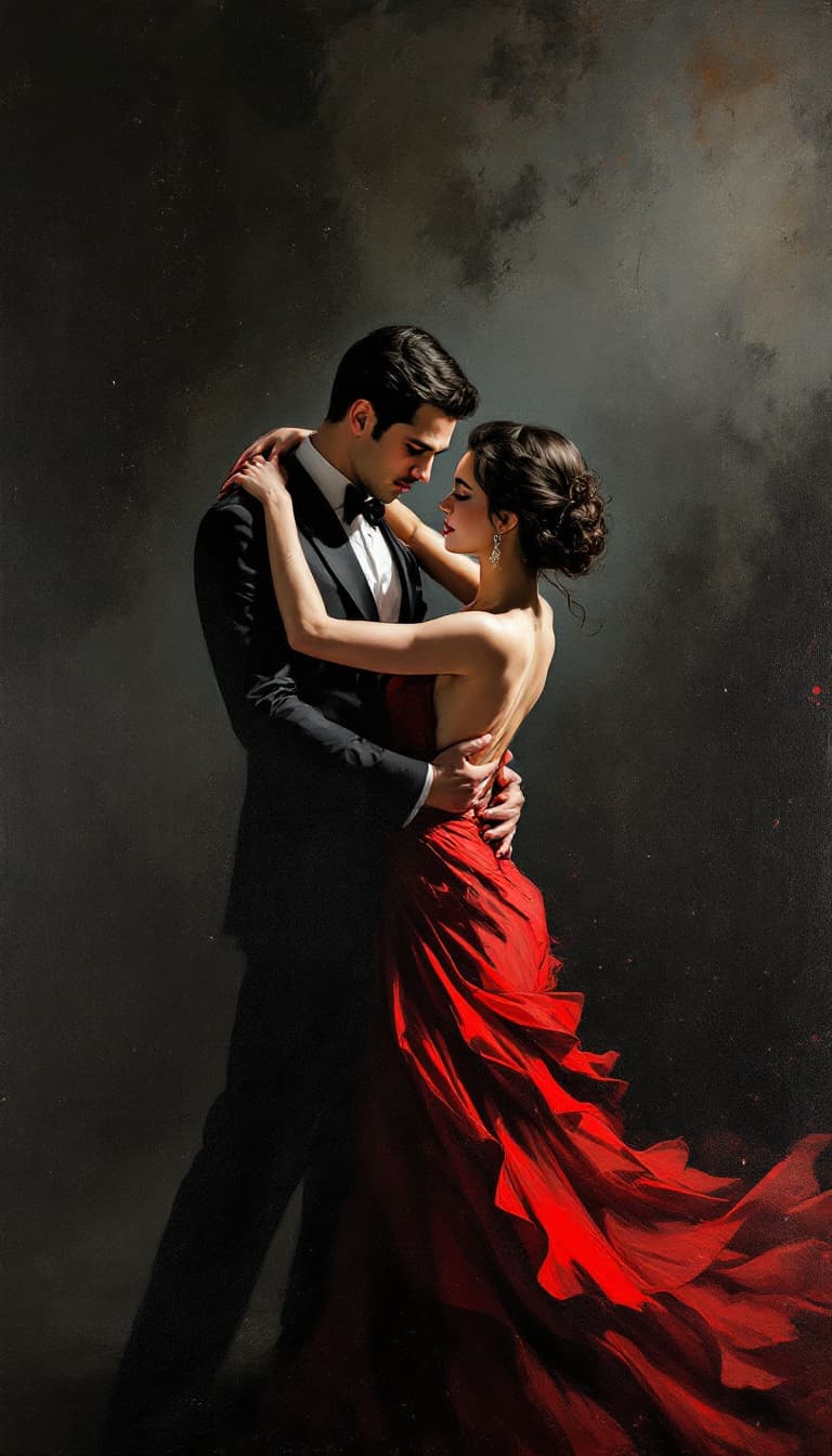 AI generated: An oil painting man and woman are dancing the tango, both dressed in formal attire with the woman we...