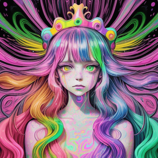 AI generated: a drawing of a girl with long hair and a crown on her head, dripping in neon paint, psychedelic aest...