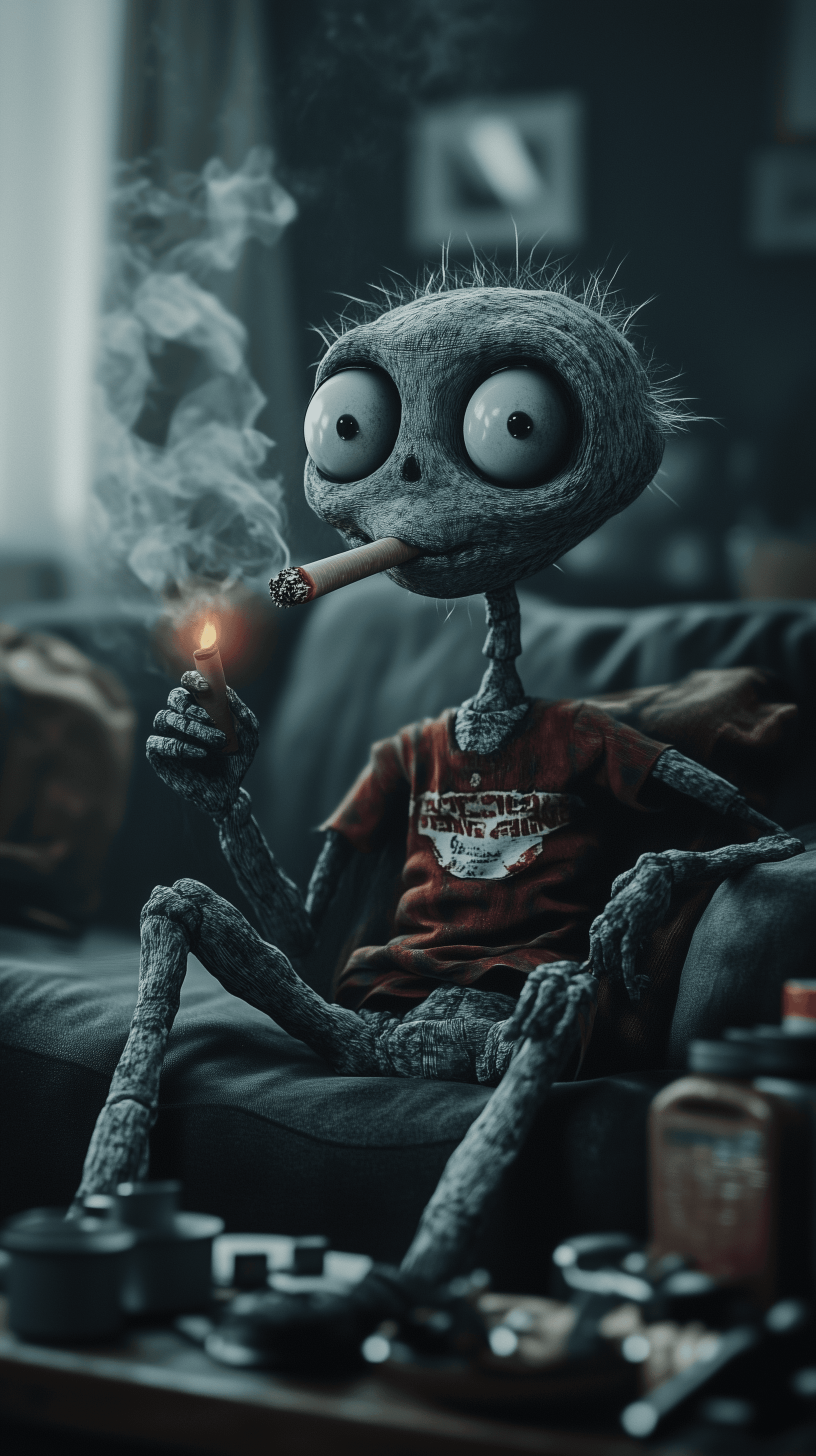 AI generated: Gray, skeletal cartoon character, sitting on a dark couch, smoking a cigar,  with smoke rising,  low...