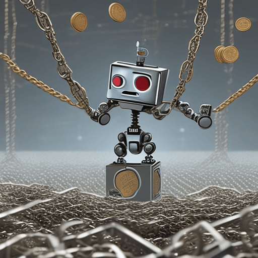 AI generated: A robot with a coin or token in place of a heart inside its metallic chest, standing in front of a b...