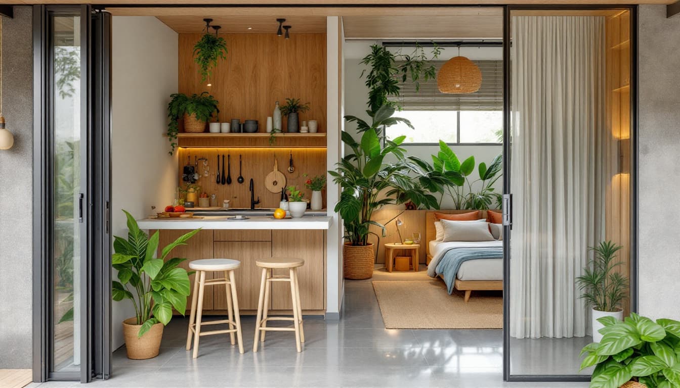 AI generated: A tropical modern studio (8x5m) with front garden access. Entry into an open kitchen with bamboo she...