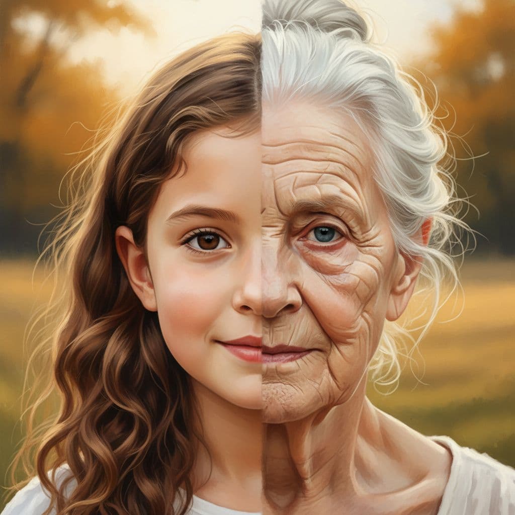 AI generated: A face, half young girls and half elderly people in their eighties --ar 4:5 --s 850 --niji 6