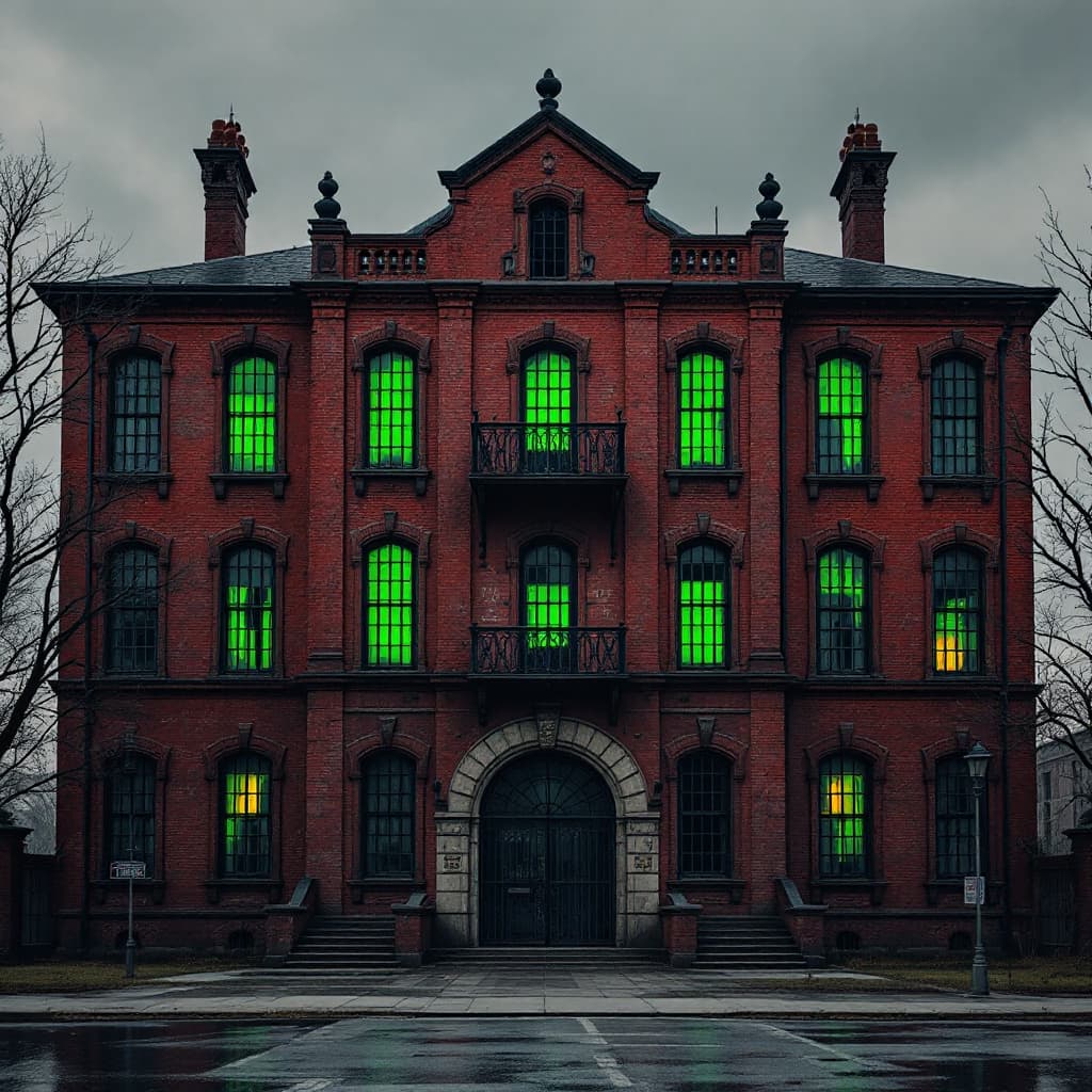 AI generated: (6-story:2.2) grand building, red exterior brick walls, prison barred windows, unwaning atmosphere, ...