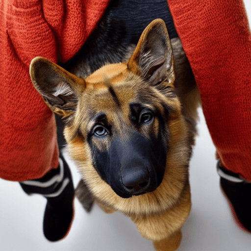 AI generated: beautiful german shepherd in a cardigan, studio photography, high resolution, Cinestill 50, clear fo...