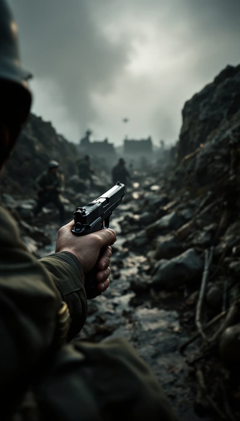 AI generated: An ultra-realistic point of view (POV) image capturing the first-person perspective of a WWII soldie...