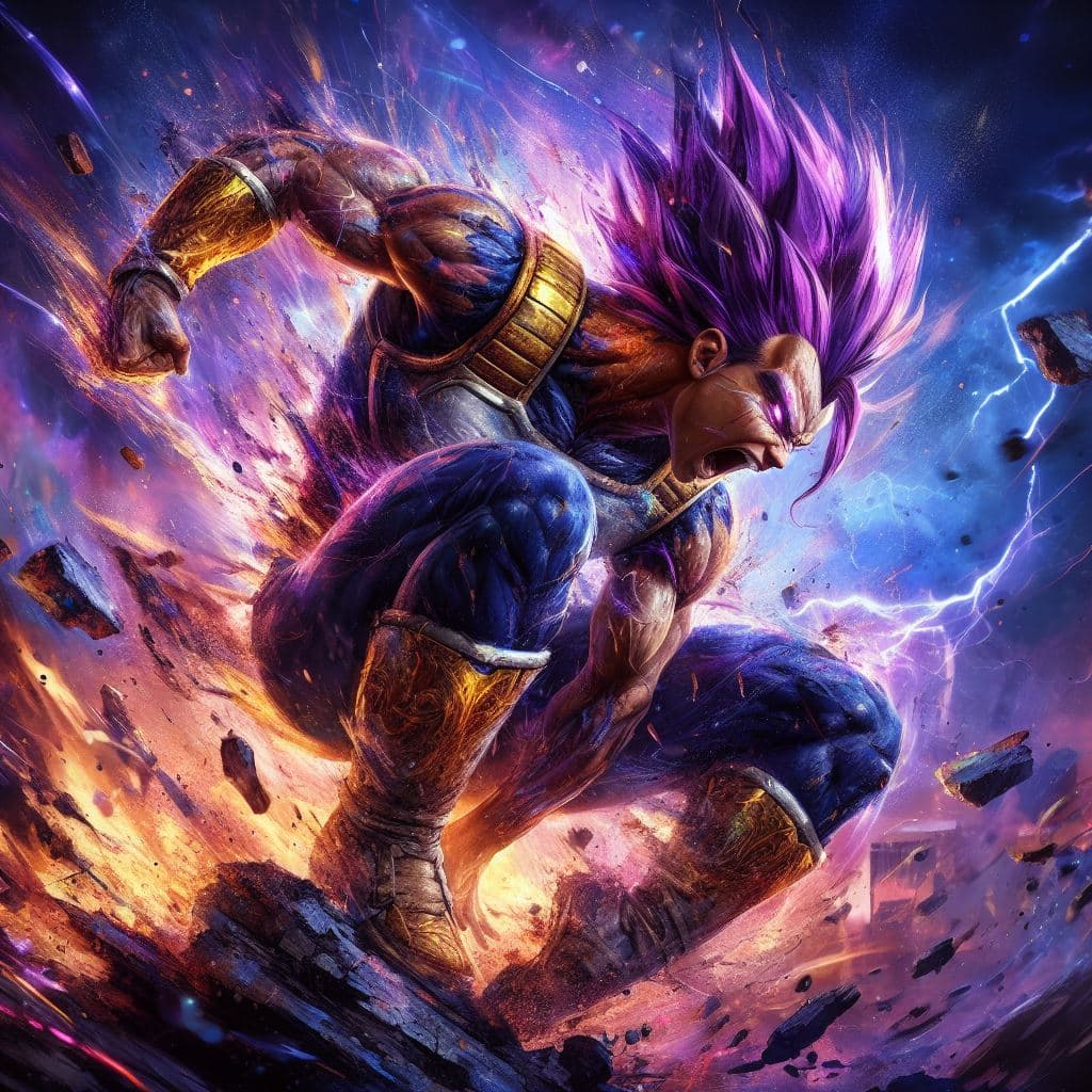 AI generated: painterly style, Vegeta fighting at war, raging, purple hair, character design, body is adorned with...