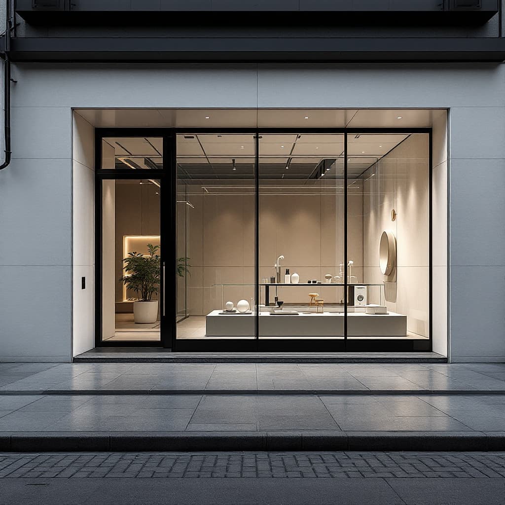 AI generated: photography, central camera composition, minimalist marketing agency office facade, at day, the faca...