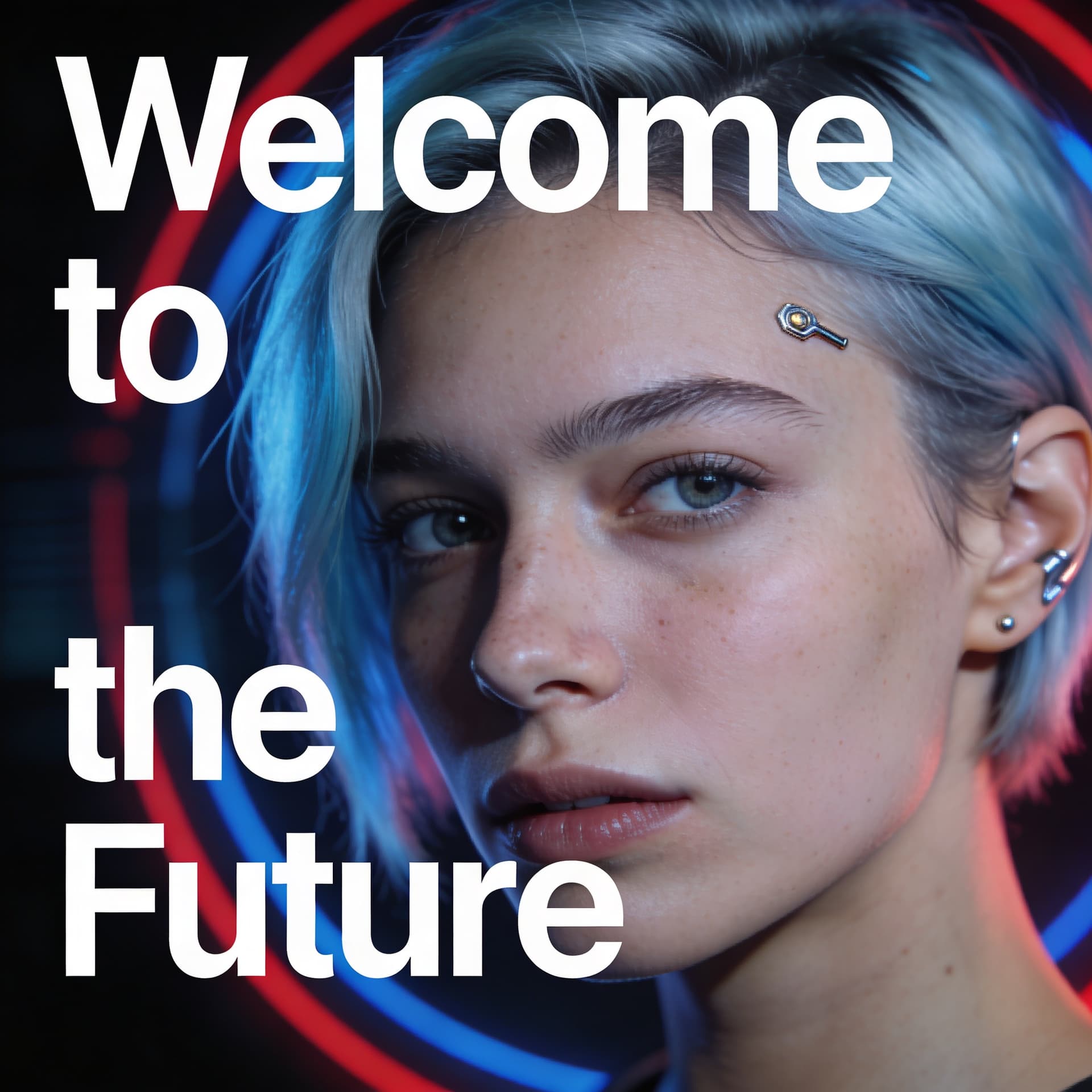 AI generated: Ultra realistic portrait photography of a young adult woman, clearly human, with subtle cyborg impla...