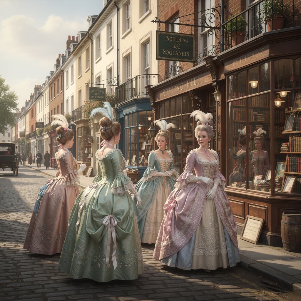 AI generated: 18th century Notting Hill area of London, with abundance of old bookshops and rows of old townhouses...