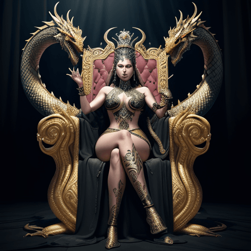 AI generated: A very beautiful queen sitting on a black throne made of gold, with a serpent-dragon like elements a...