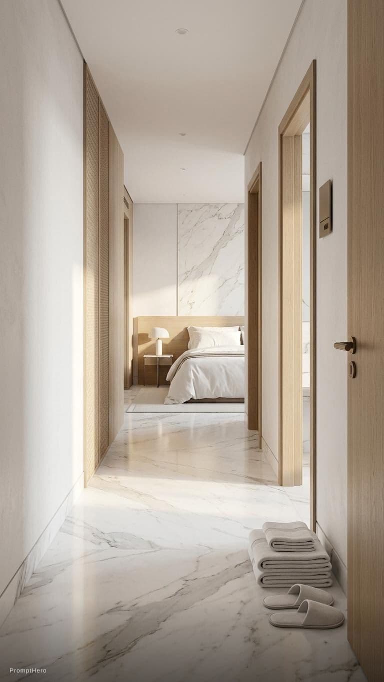 AI generated: photograph, minimalist style hotel suite room interior, white and light oak wood texture materials, ...