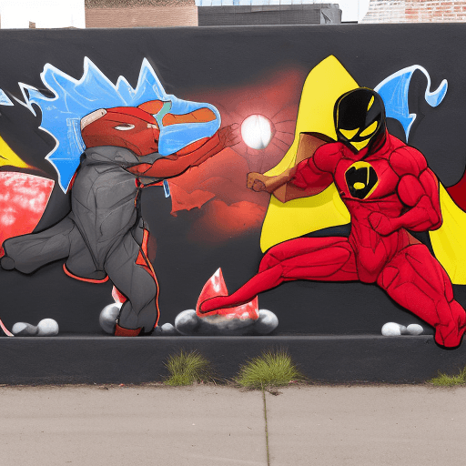 AI generated: a blackman in a red and yellow superhero suit  fighting a white man in a dog superhero suit, in fron...