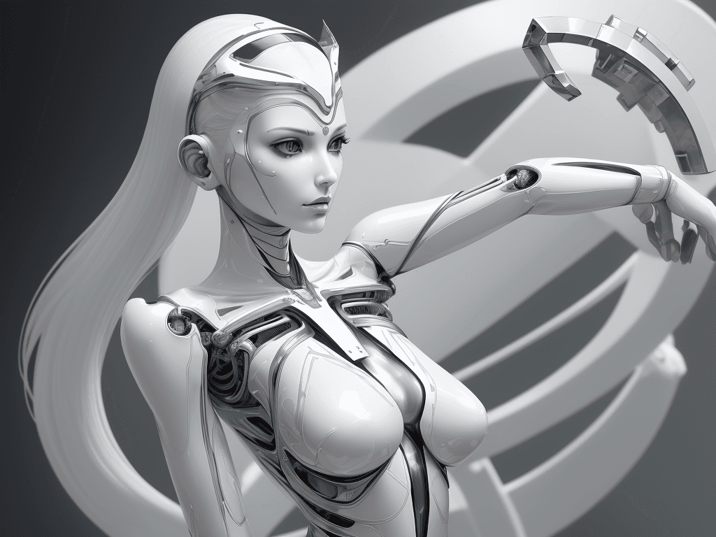 AI generated: a woman with a white body and a chrome headpiece on her head and a chrome bodysuit on her chest,Artg...