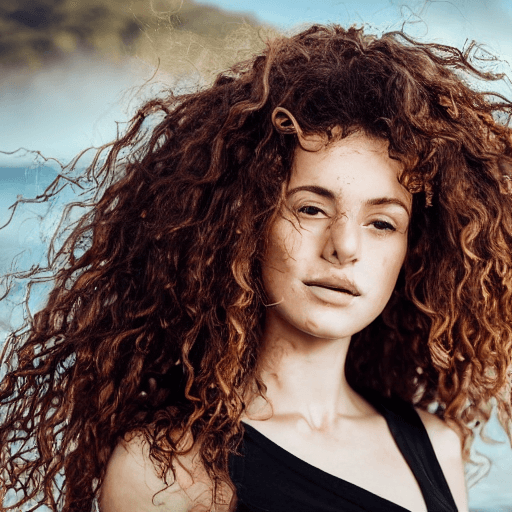 AI generated: Portrait photo of an open and proud looking, beautiful model-like Galician woman with long curly bro...