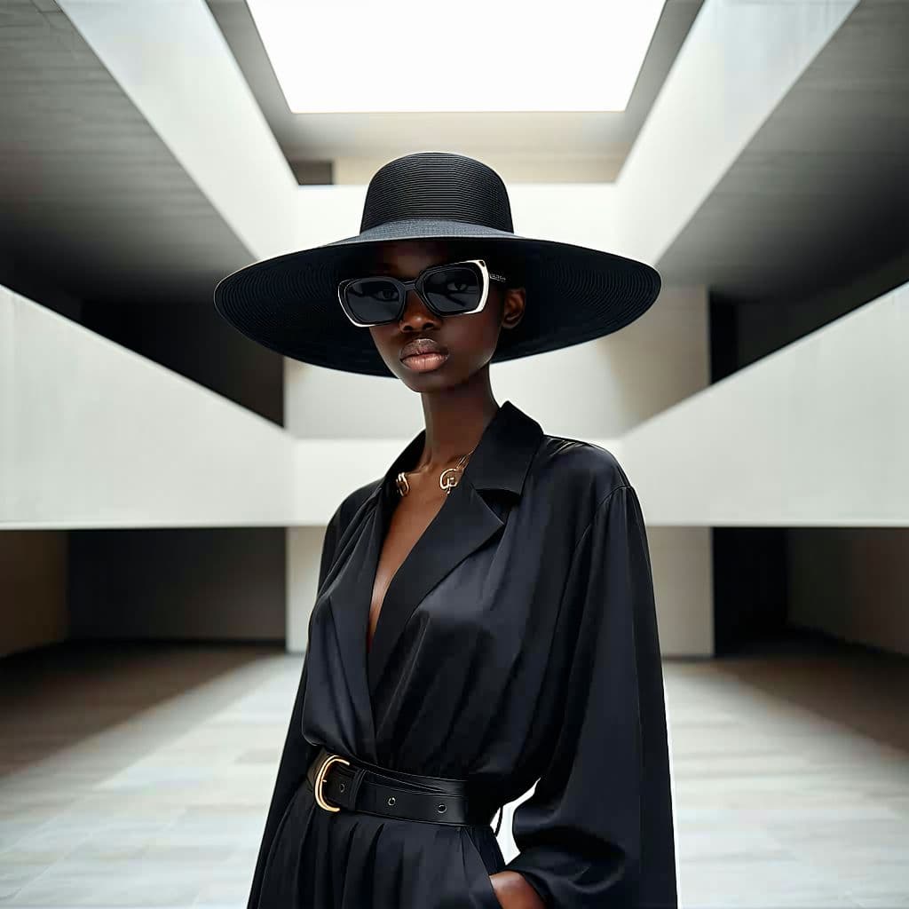 AI generated: Fashion design work feauturing a (Chanel) female (Nigerian) model wearing minimalist women’s clothin...