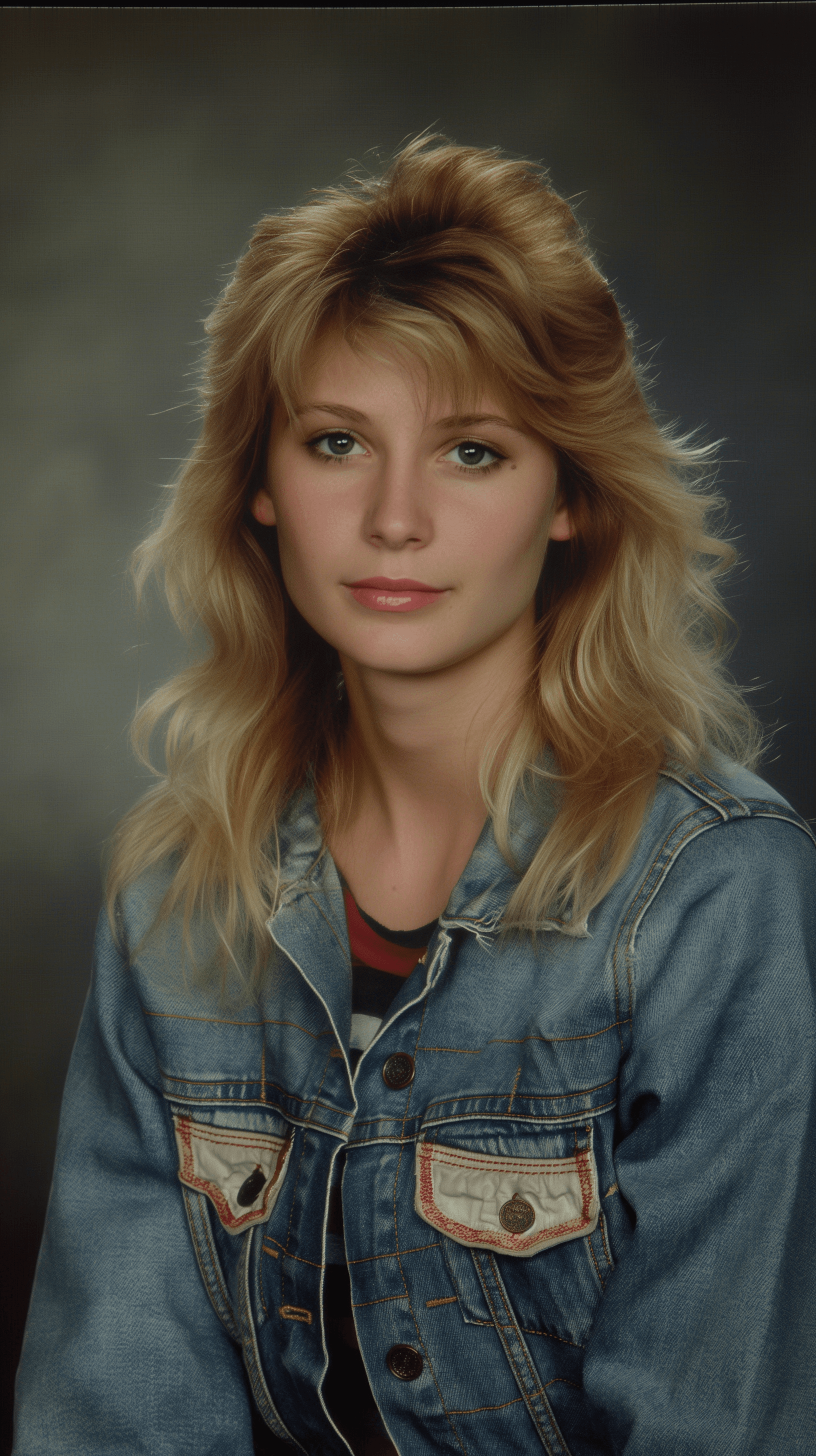 AI generated: 1980's yearbook photo, teenage girl, 18 years old, blonde hair, 80's hairstyle and clothes, photorea...