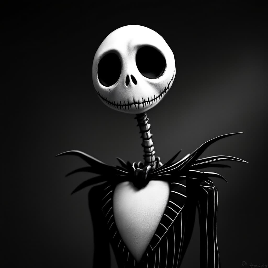 AI generated: Imagine Jack Skellington, the Pumpkin King, rendered in a striking black-and-white theme, emphasizin...