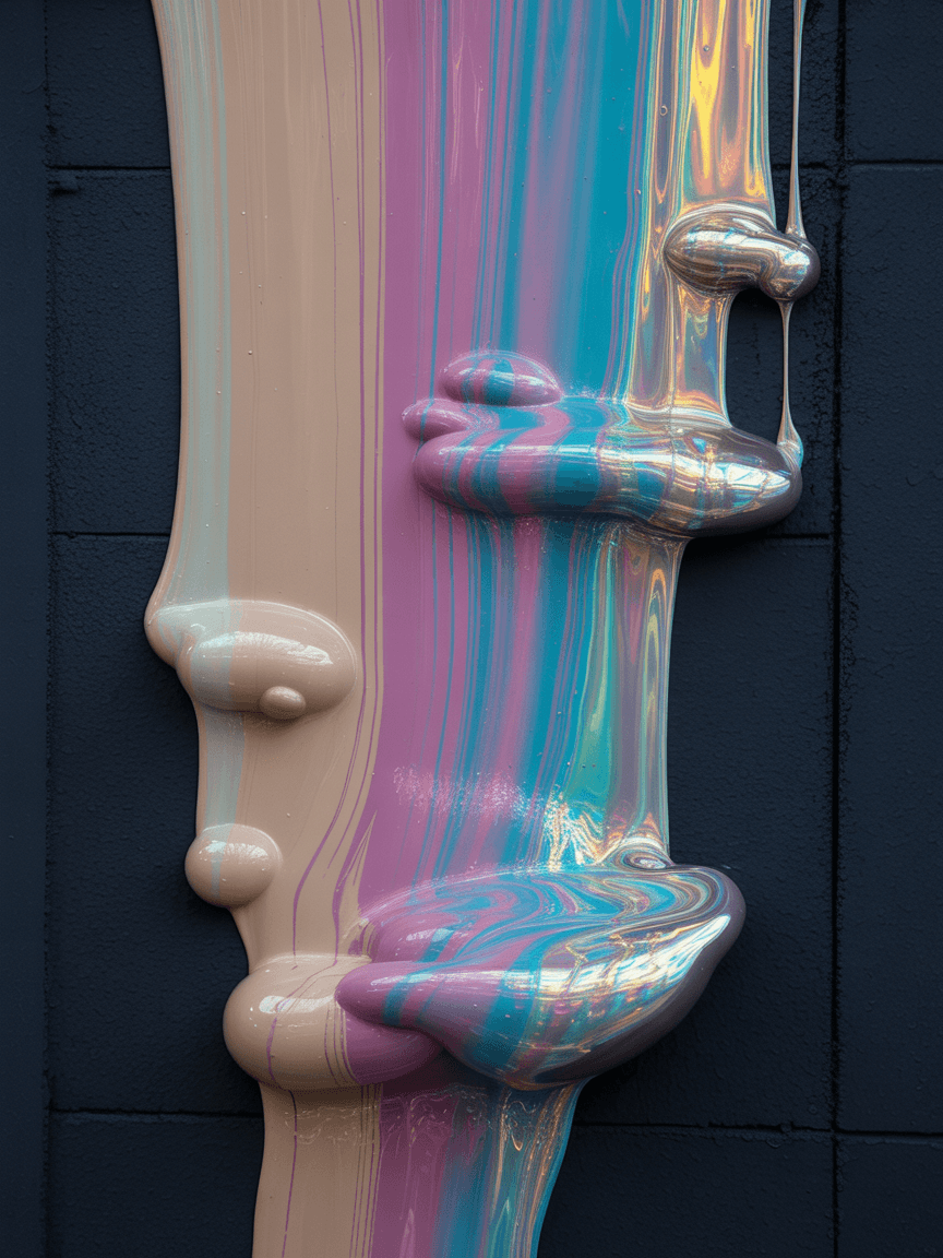 AI generated: cremige bunte holographic liquid farbe fliesst schwarze
 wand runter