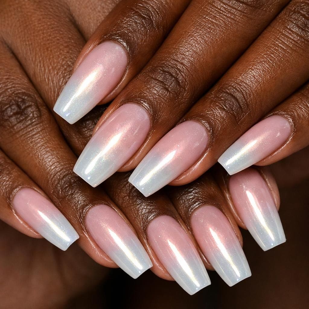 AI generated: Ultra realistic close up image of a dark-brown-skinned hands with long nails and ombre glazed nail p...