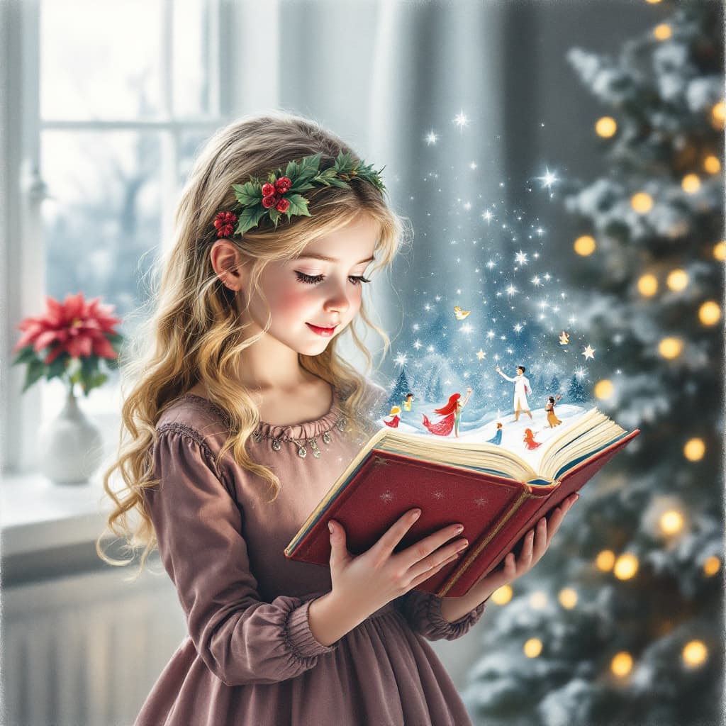 AI generated: Charcoal and pastel drawing. A 10-year-old girl with blonde curls. She is wearing a Christmas dress ...