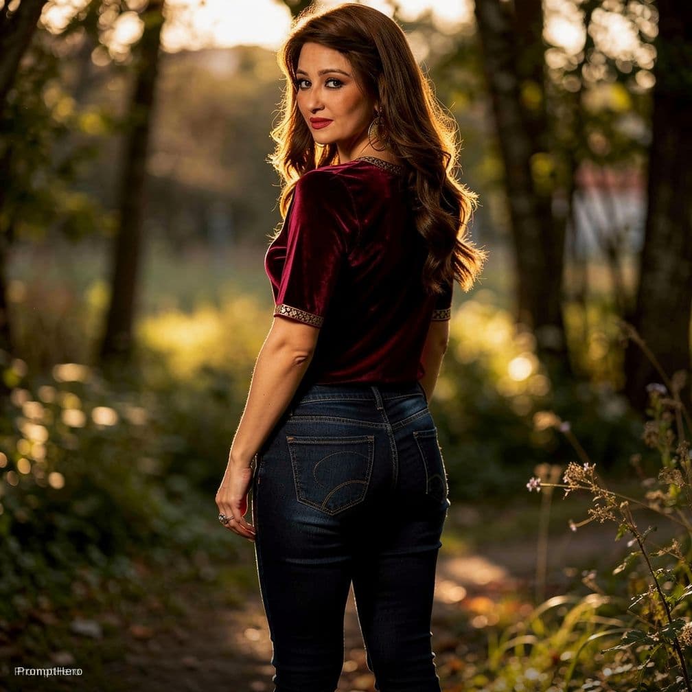 AI generated: A fit adult woman with long brown hair stands in a natural outdoor setting, her back to the viewer w...