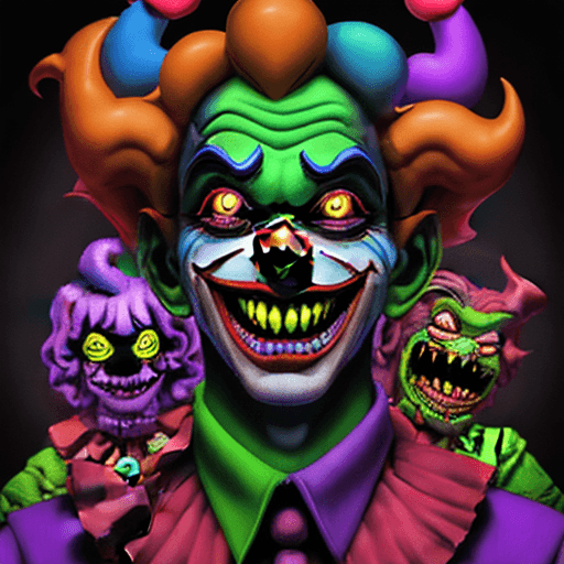 AI generated: Smiling Demonic Clown Surrounded By Monsters, A Dark Fantasy in Escher's Style, Neon Multicolored Gr...