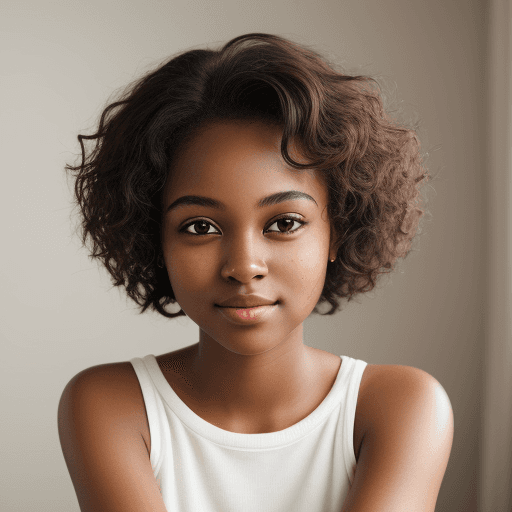 AI generated: photorealistic portrait of girl with light dark skin tone, looking into camera, soft smile with mout...