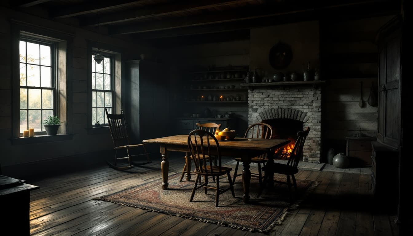 AI generated: The Bell family's farmhouse exudes a rustic charm, with its simple yet functional furnishings typica...