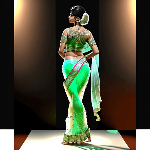 AI generated: Bold and gorgeous Indian mother standing on backside wearing shiny transparent saree which is showin...
