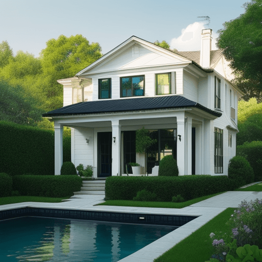 AI generated: beautiful house with a green garden, american style, a small pool, white walls, black roof, green wi...