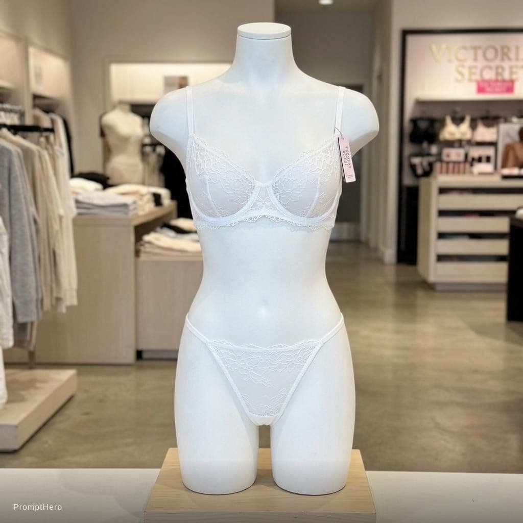 AI generated: Create a headless mannequin that is currently wearing a white, see-through Victoria Secret bra and g...