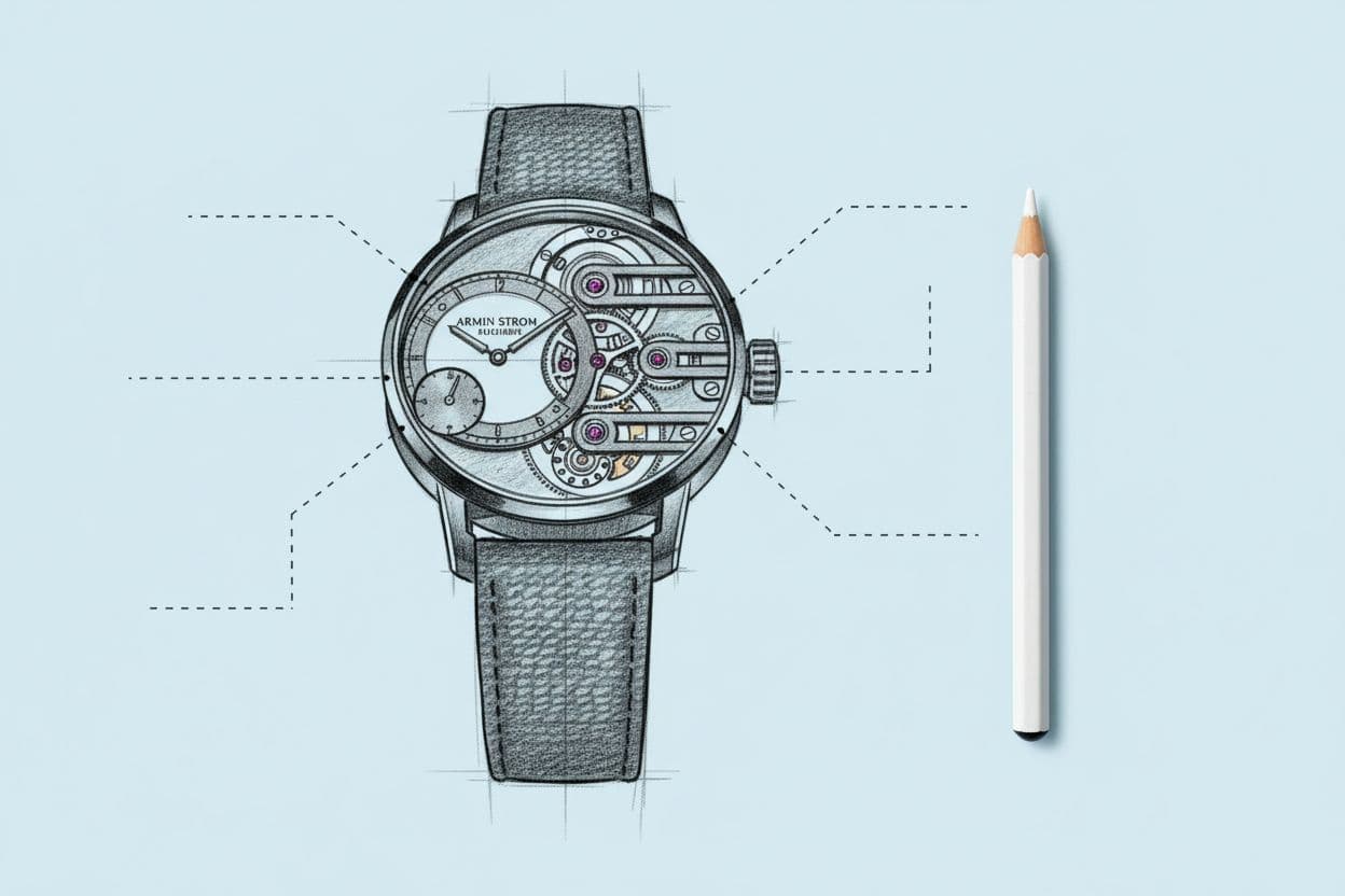 AI generated: die Uhr dargestellt im Designprozess auf einem hell blauen Untergrund. die Uhr ist gezeichnet und be...
