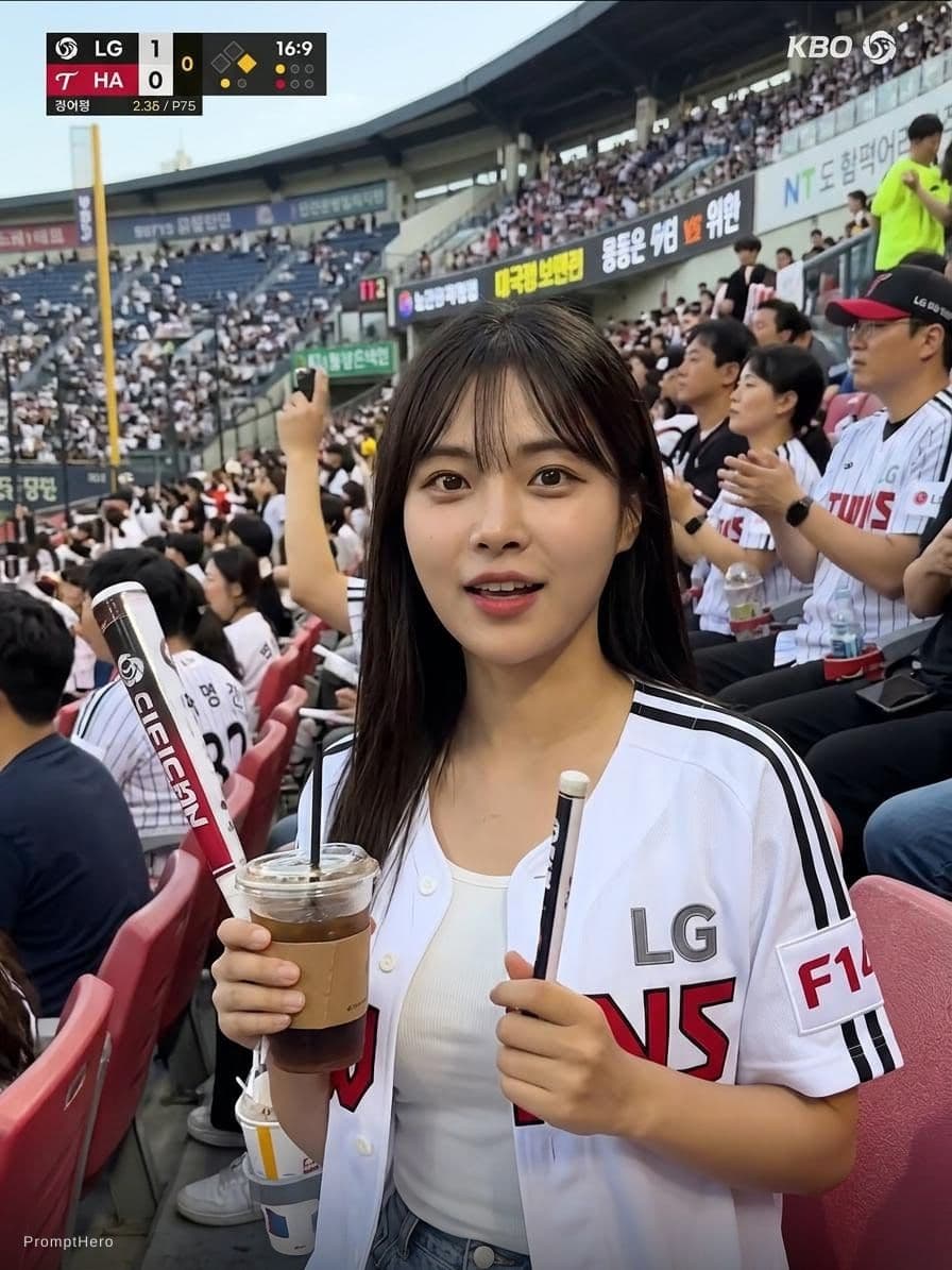 AI generated: Create an ultra-realistic candid KBO baseball broadcast screenshot of the same woman accidentally ca...