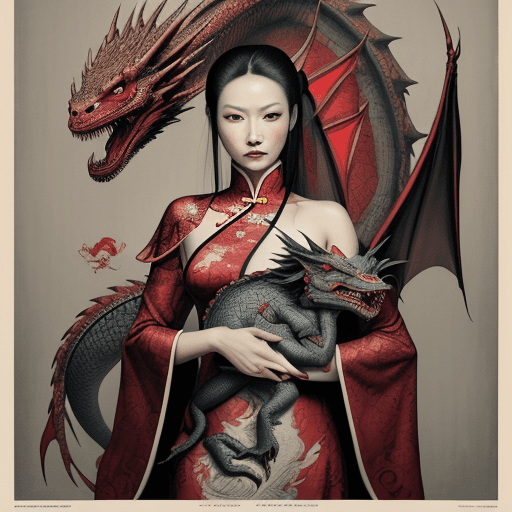 AI generated: vintage poster of a Chinese woman with a dragon in her arms, in the style of Brian M. viveros, multi...