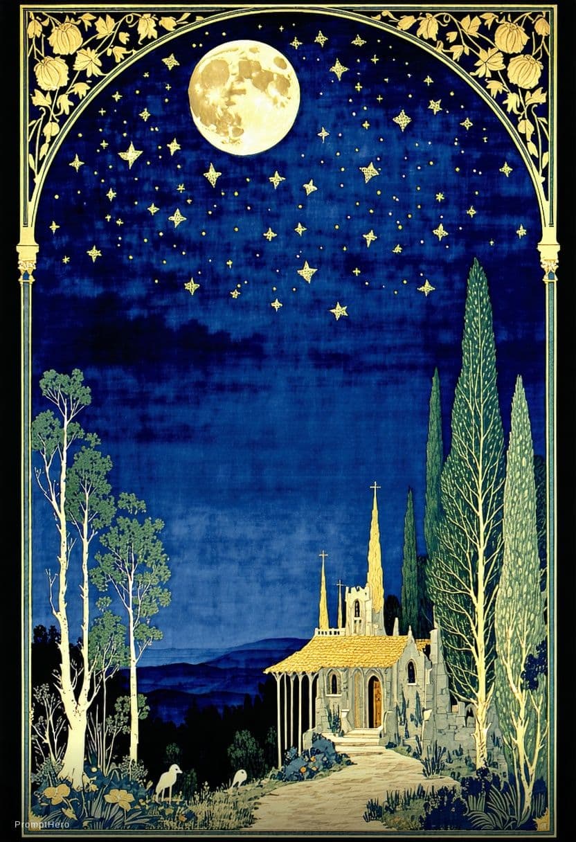 AI generated: William Morris inspired night time celestial scene