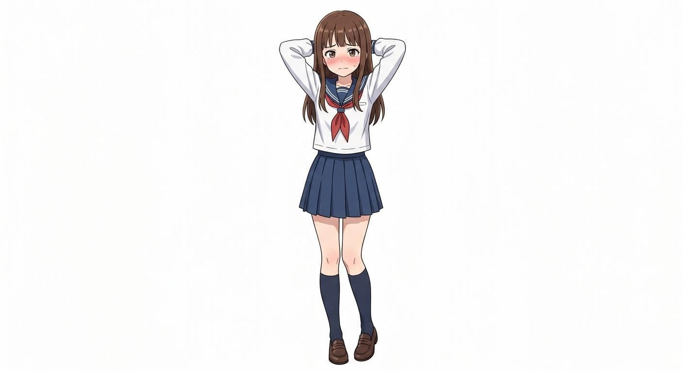 AI generated: arms_behind_head bar_censor blouse blue_sailor_collar blunt_bangs blush bottomless brown_hair censor...