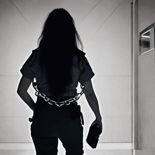 AI generated: woman getting arrested, beautiful, long dark hair, walking away, hands handcuffed in metal police ha...