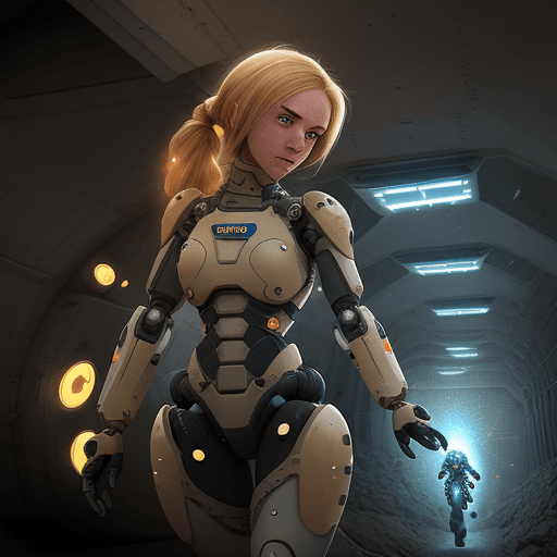 AI generated: 2D Animation of a freckled woman with ponytailed blonde hair, in a mechanized exosuit. She's in a va...