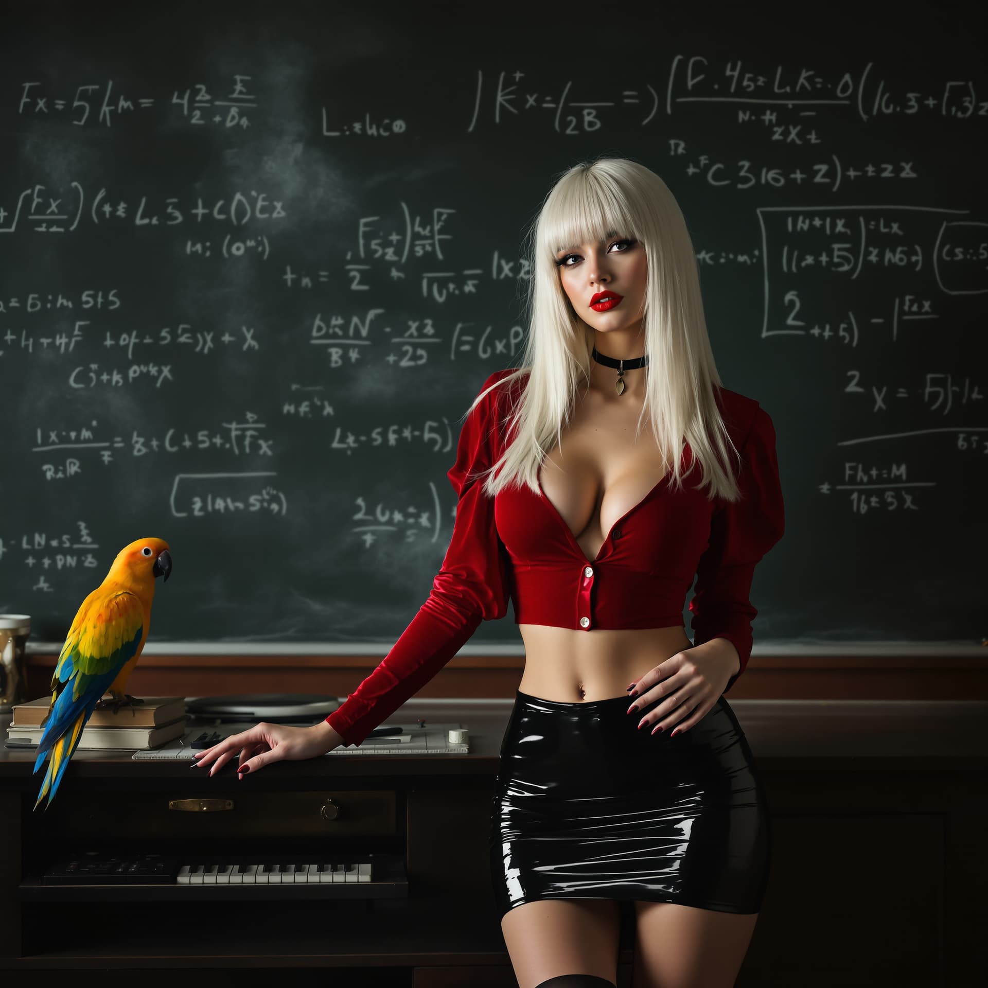 AI generated: Alluring math teacher by the blackboard", "appearance": "Straight white - blonde hair with bangs, po...