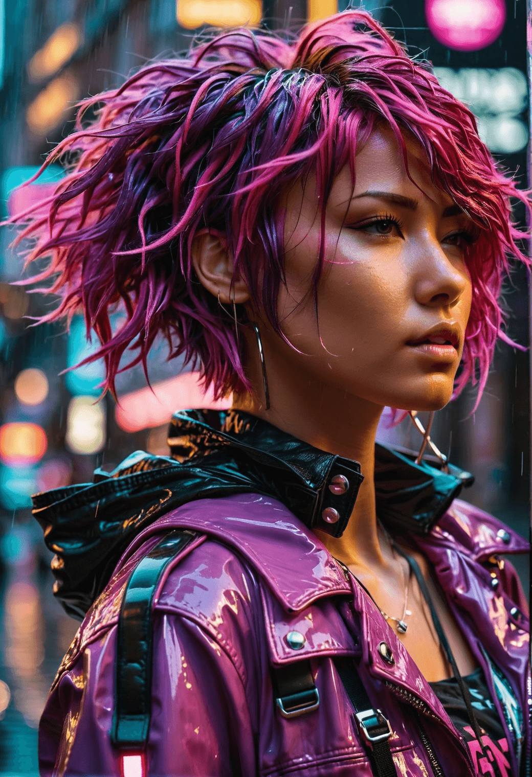 AI generated: neonpunk style medium close-up of a woman, from the side, messy bubblegum pink hair, wearing a jacke...