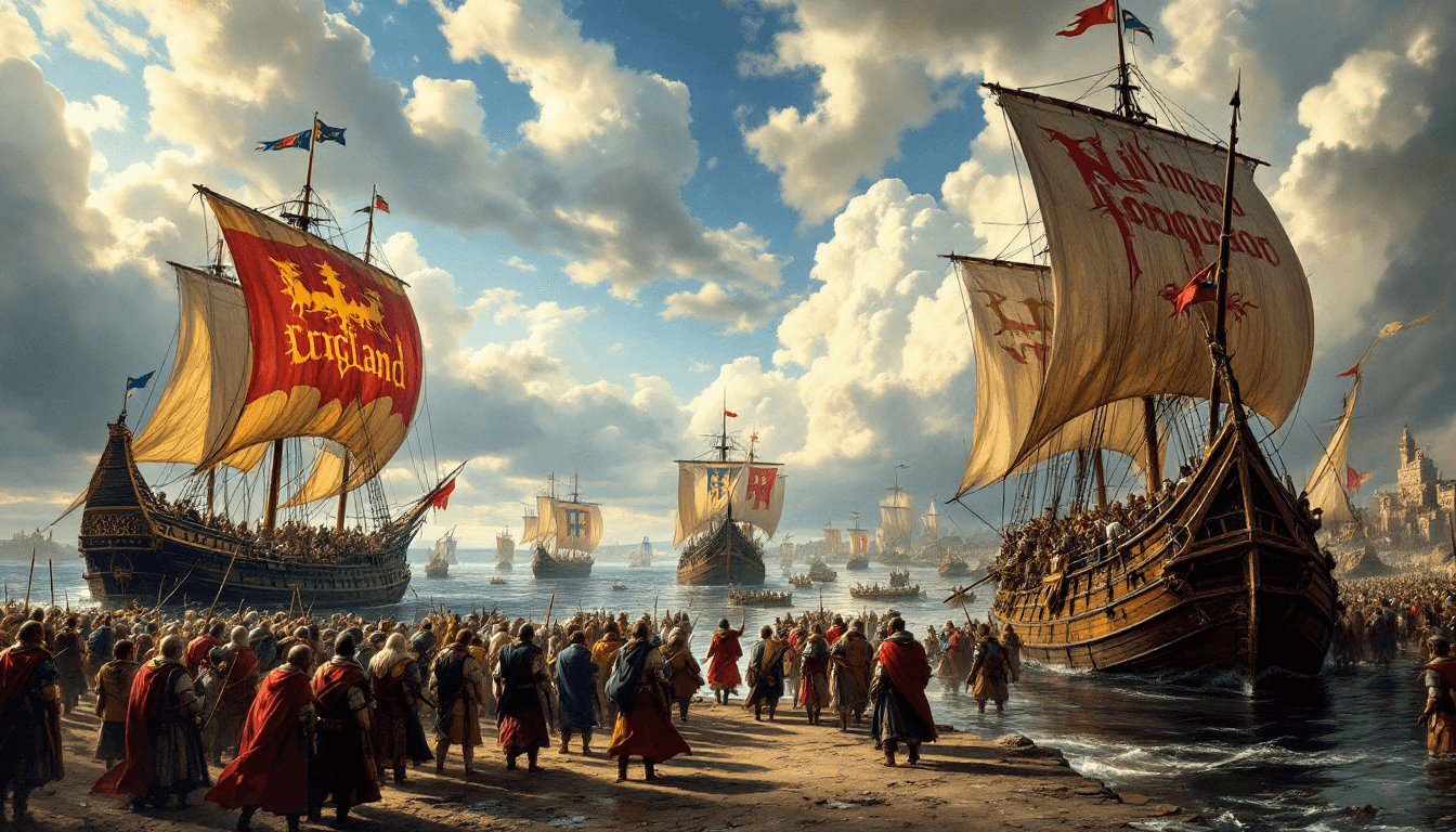 AI generated: A vibrant, detailed scene of William the Conqueror’s Norman fleet arriving on the English coast in 1...