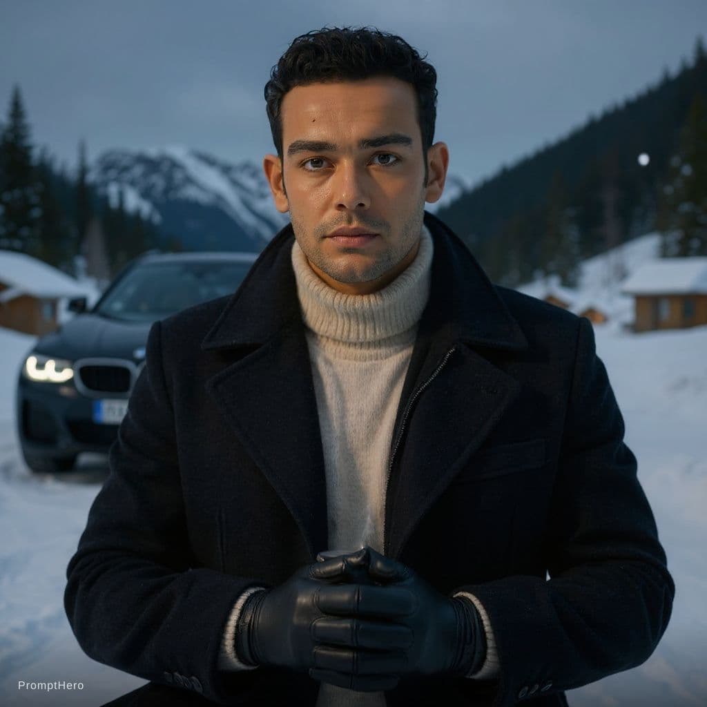 AI generated: A hyper detailed cinematic scene featuring use uploaded face 100% as reference as a winter luxury co...