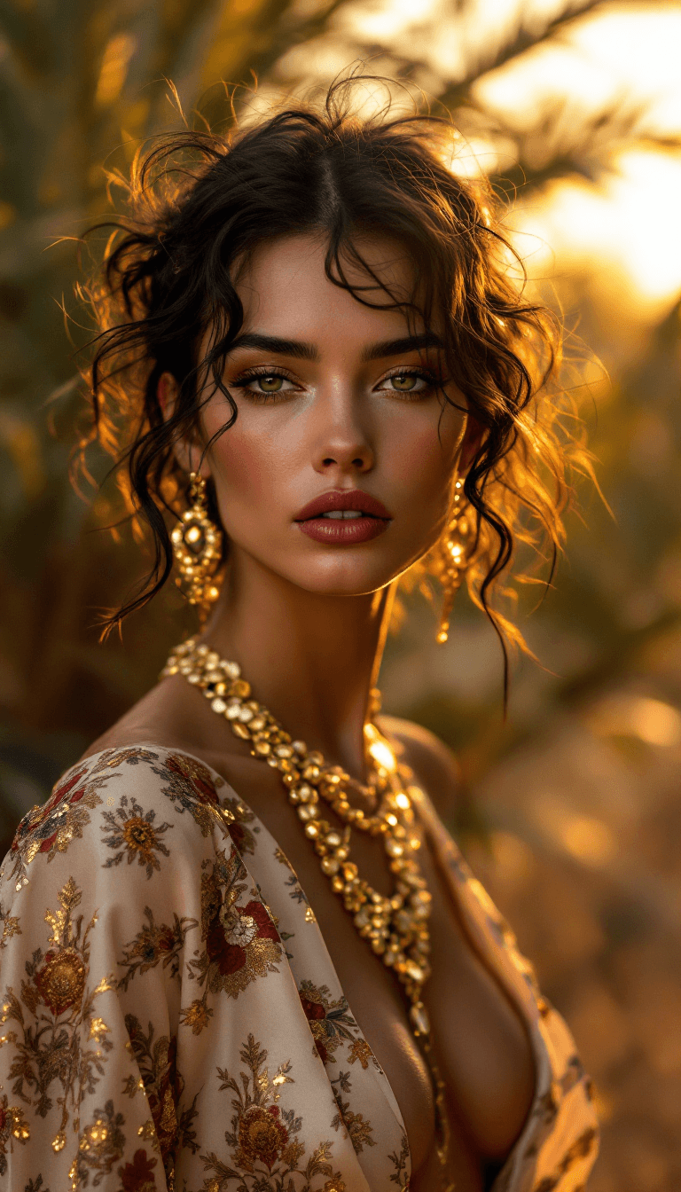 AI generated: fashion editorial shot by Tim Walker in a Moroccan farm, luxury silk resort wear, gorgeous female mo...