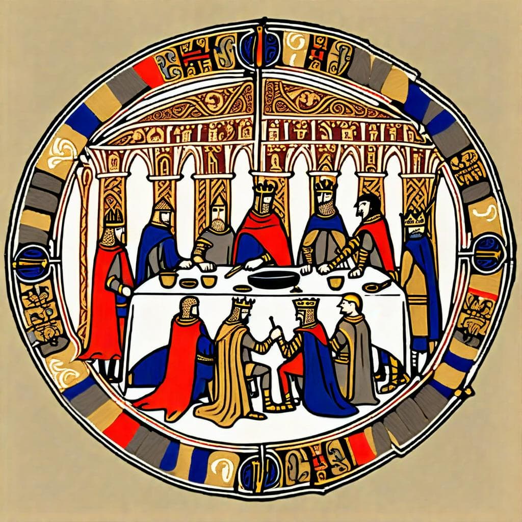 AI generated: King Arthur and the knights at the round table, style of the Bayeux tapestry, 11th century , embroid...